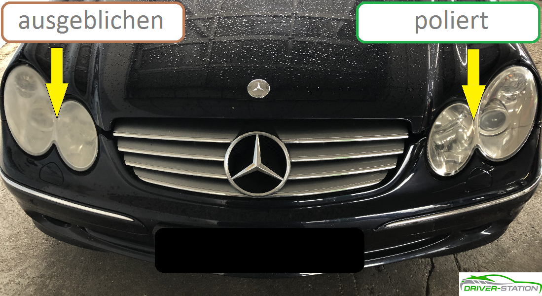 Scheinwerfer ausgeblichen stumpf blind schleifen polieren Driver-Station Autopflege München Starnberg Mercedes